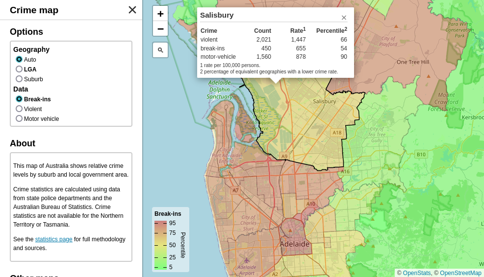 Screenshot of the OpenStats map tool showing crime levels around Adelaide.